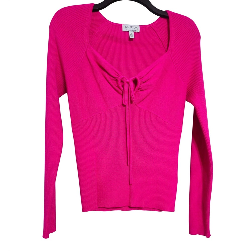 SOFIA JEANS BY SOFIA VERGARA Ribbed Tie Front Sweater Top Hot‎ Pink Size M